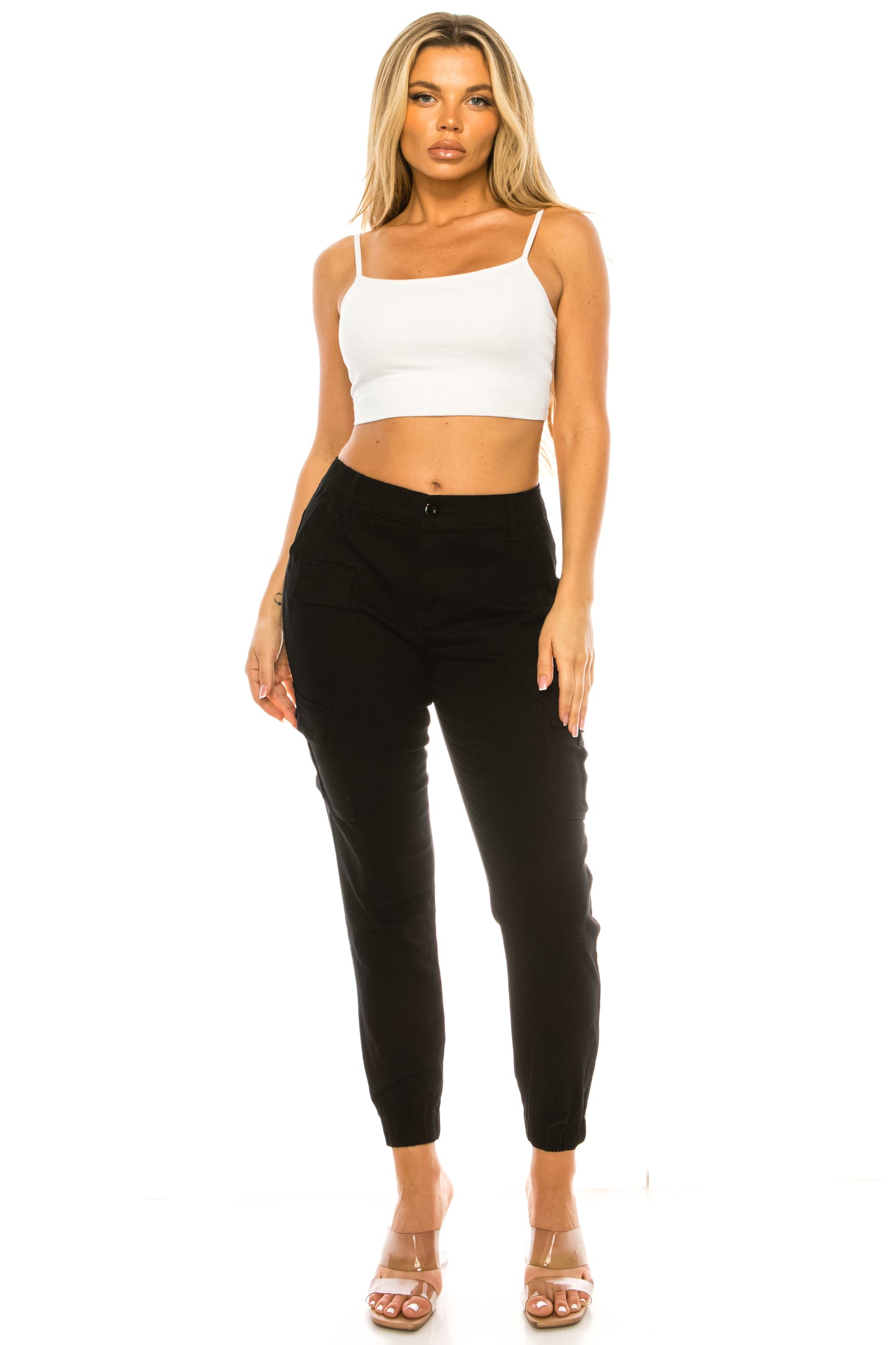 Women's Cargo Jogger Pants Elastic High Waist Black