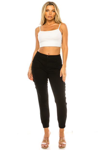 Women's Cargo Jogger Pants Elastic High Waist Black