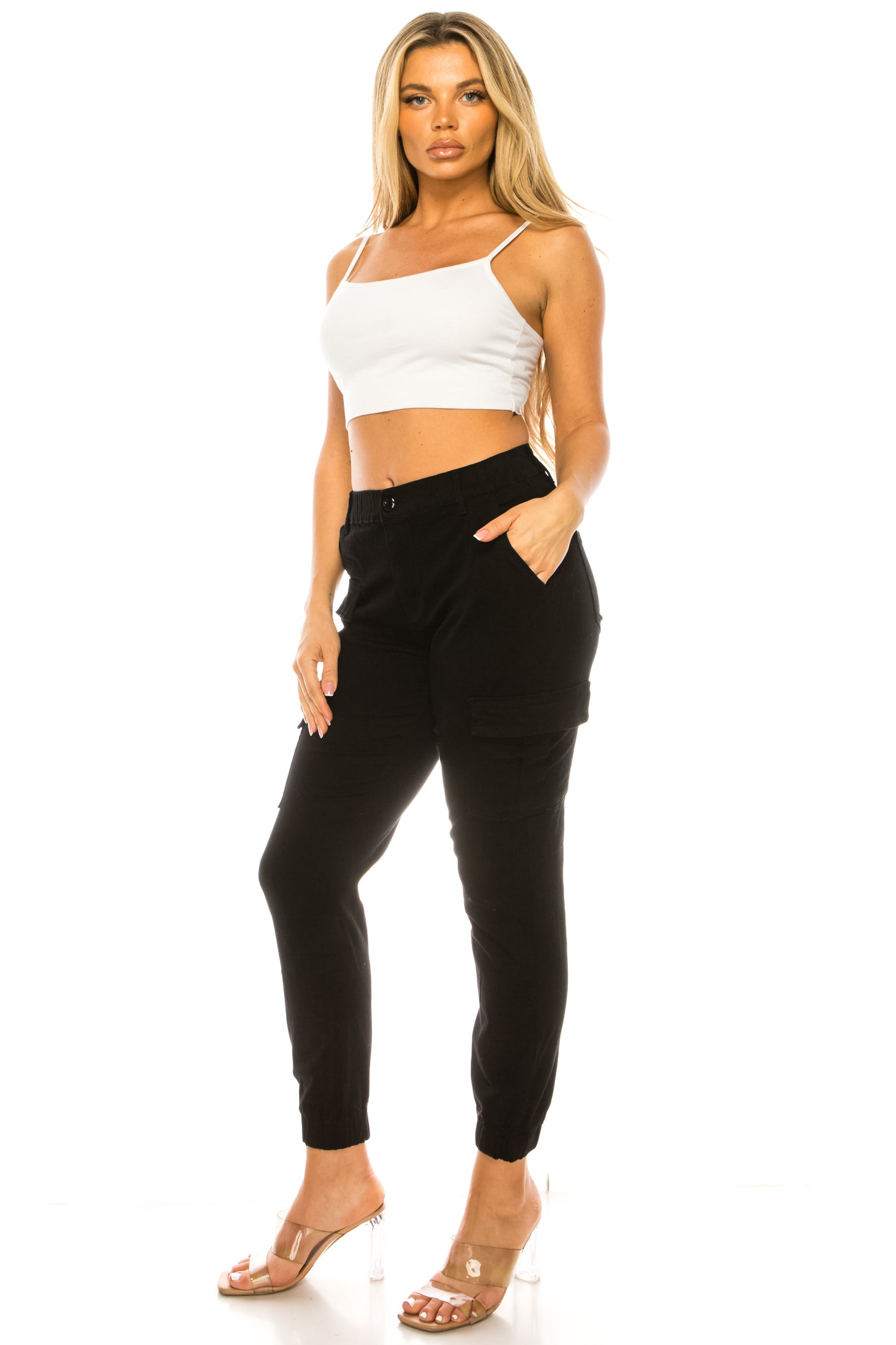 Women's Cargo Jogger Pants Elastic High Waist Black