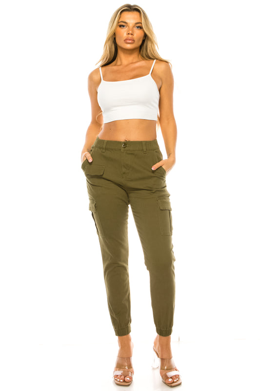 Women's Cargo Jogger Pants Elastic High Waist Olive