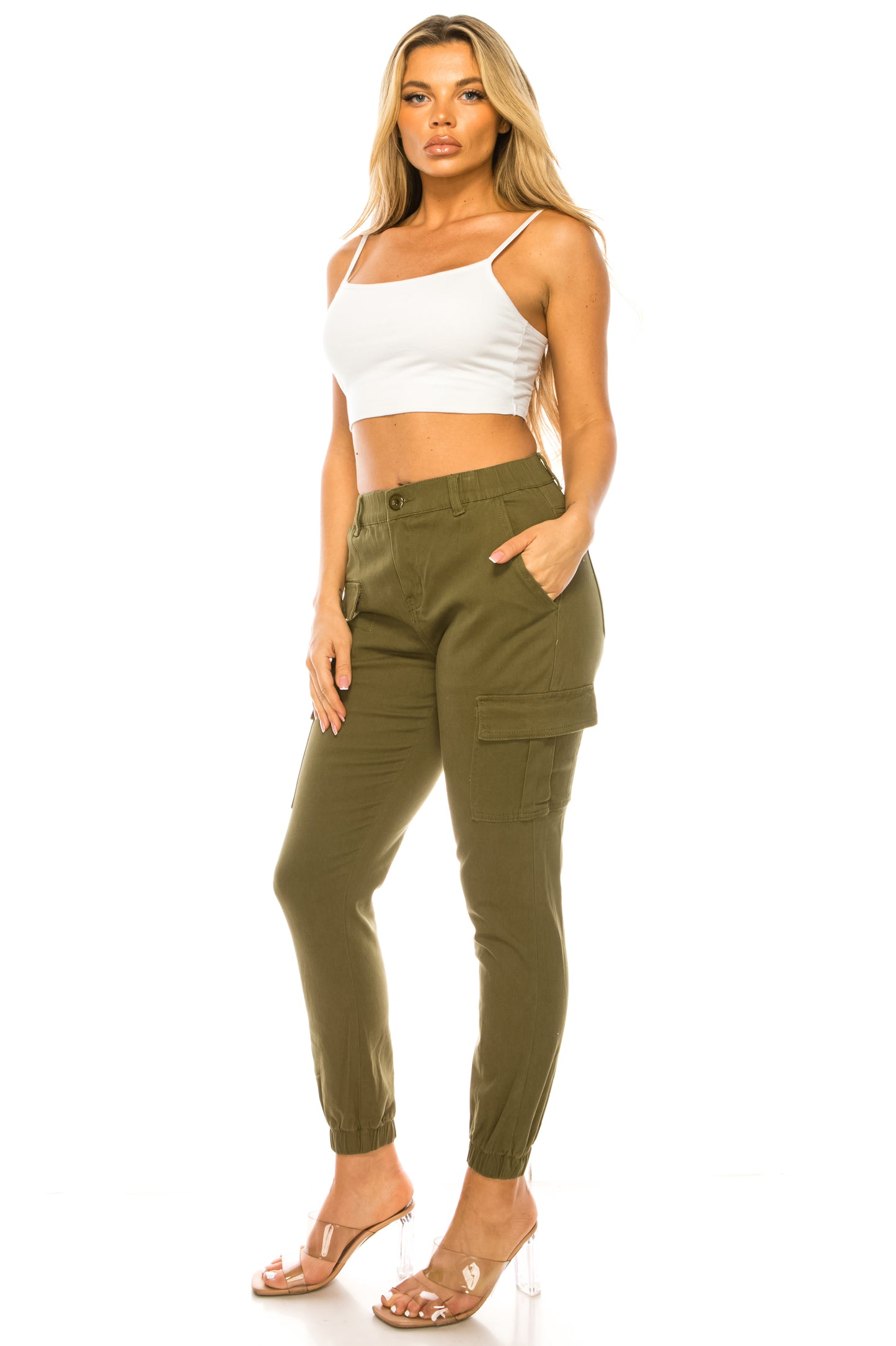 Women's Cargo Jogger Pants Elastic High Waist Olive