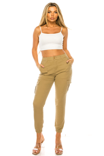 Women's Cargo Jogger Pants Elastic High Waist Khaki