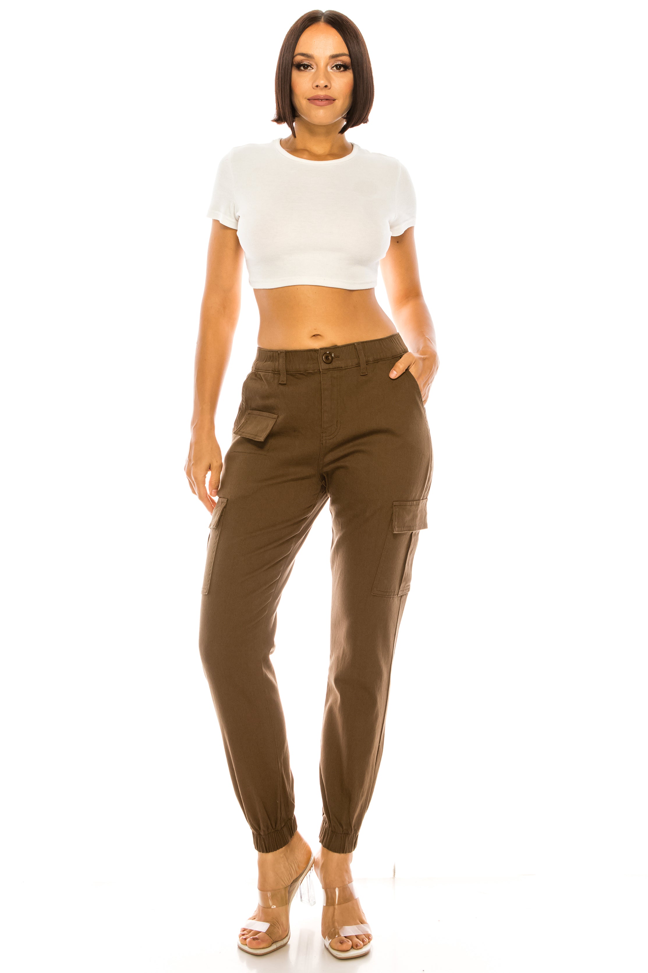 Women's Cargo Jogger Pants Elastic High Waist MOCHA – Double
