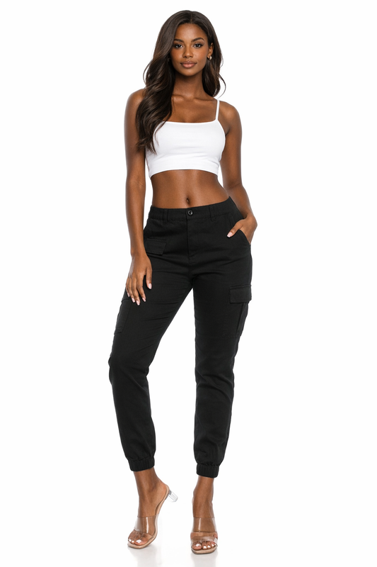 Women's Cargo Jogger Pants Elastic High Waist Black