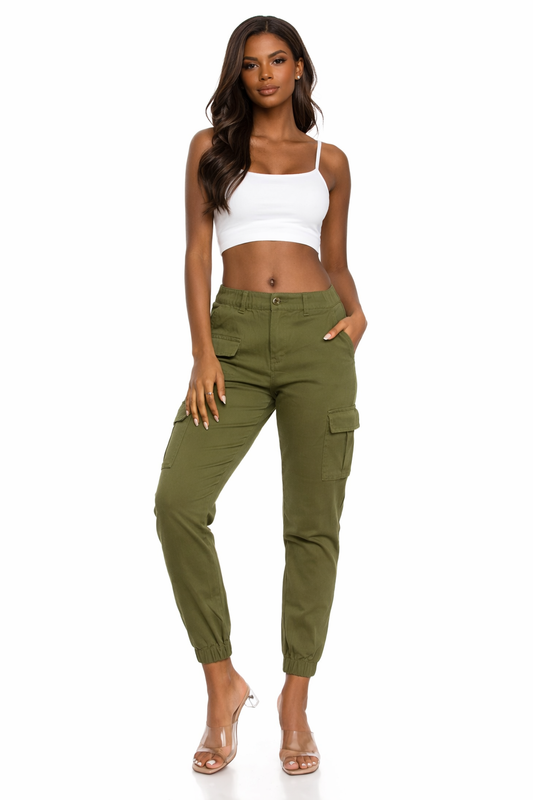 Women's Cargo Jogger Pants Elastic High Waist Olive