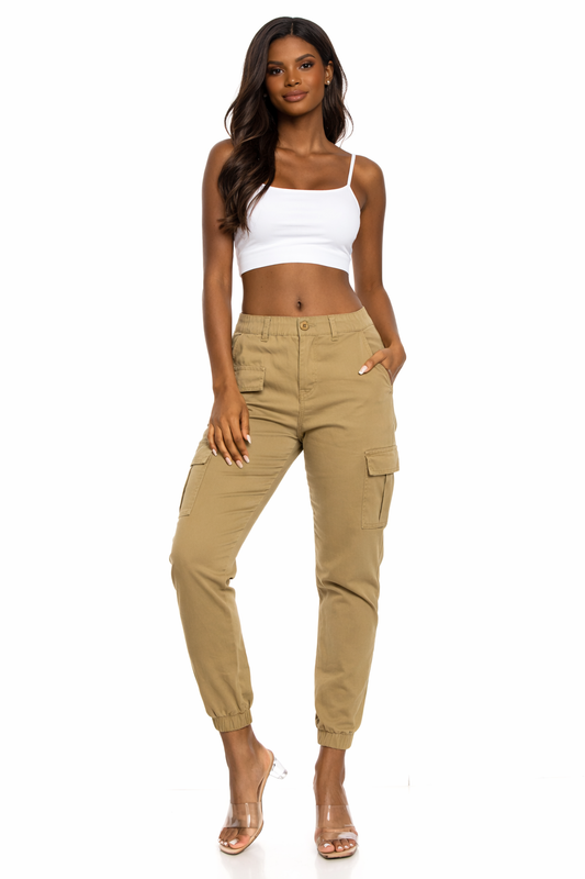 Women's Cargo Jogger Pants Elastic High Waist Khaki