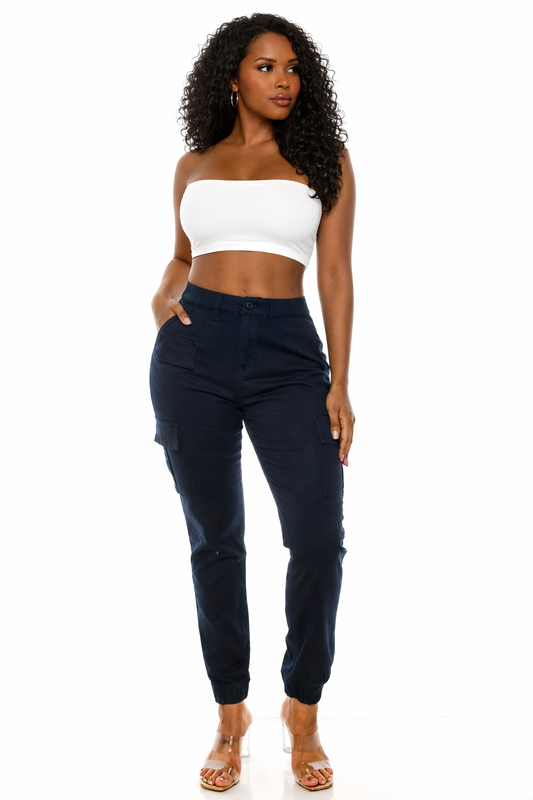 Women's Cargo Jogger Pants Elastic High Waist NAVY