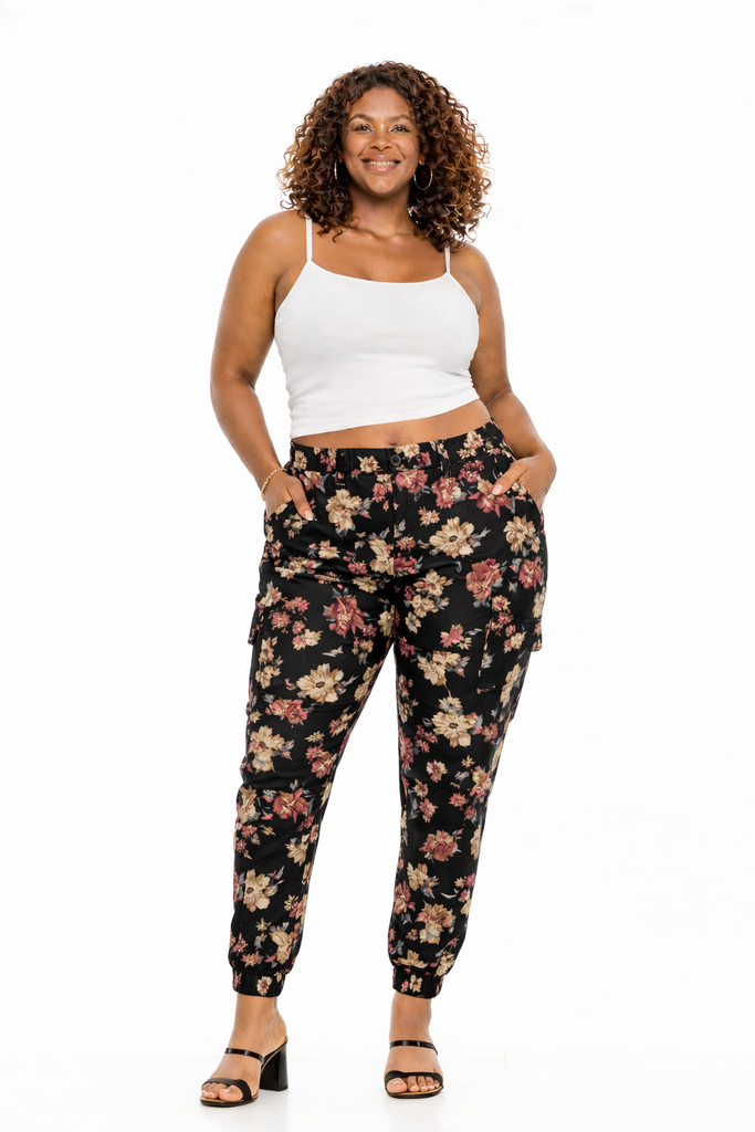 Cargo Joggers for Women and Deep Pockets Black Flower