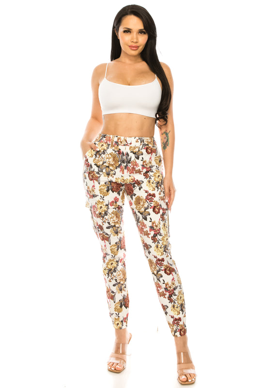 Women's Cargo Jogger Pants Elastic High Waist WHITE FLOWER