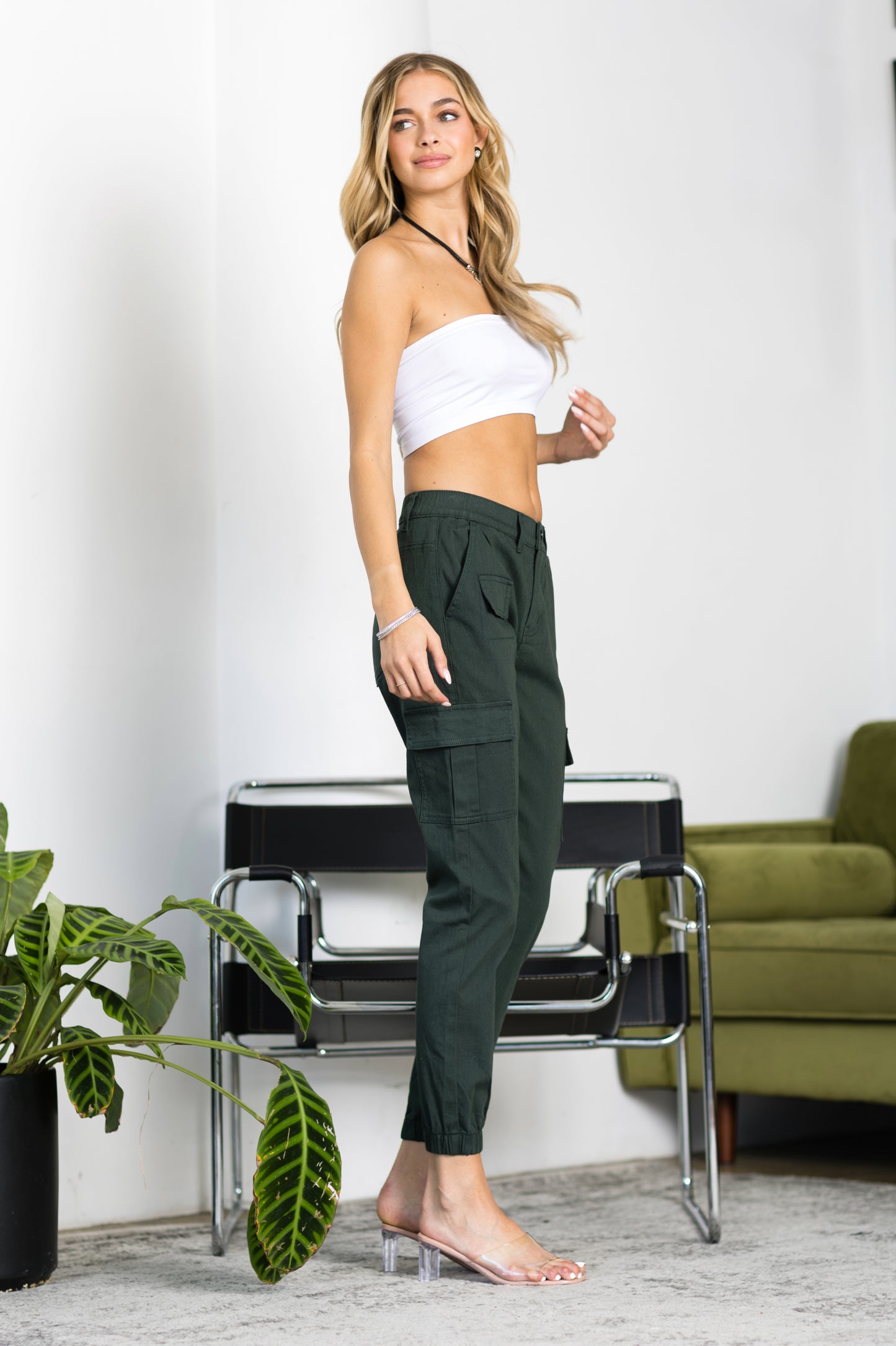 Women's Cargo Jogger Pants Elastic High Waist ARMY GREEN