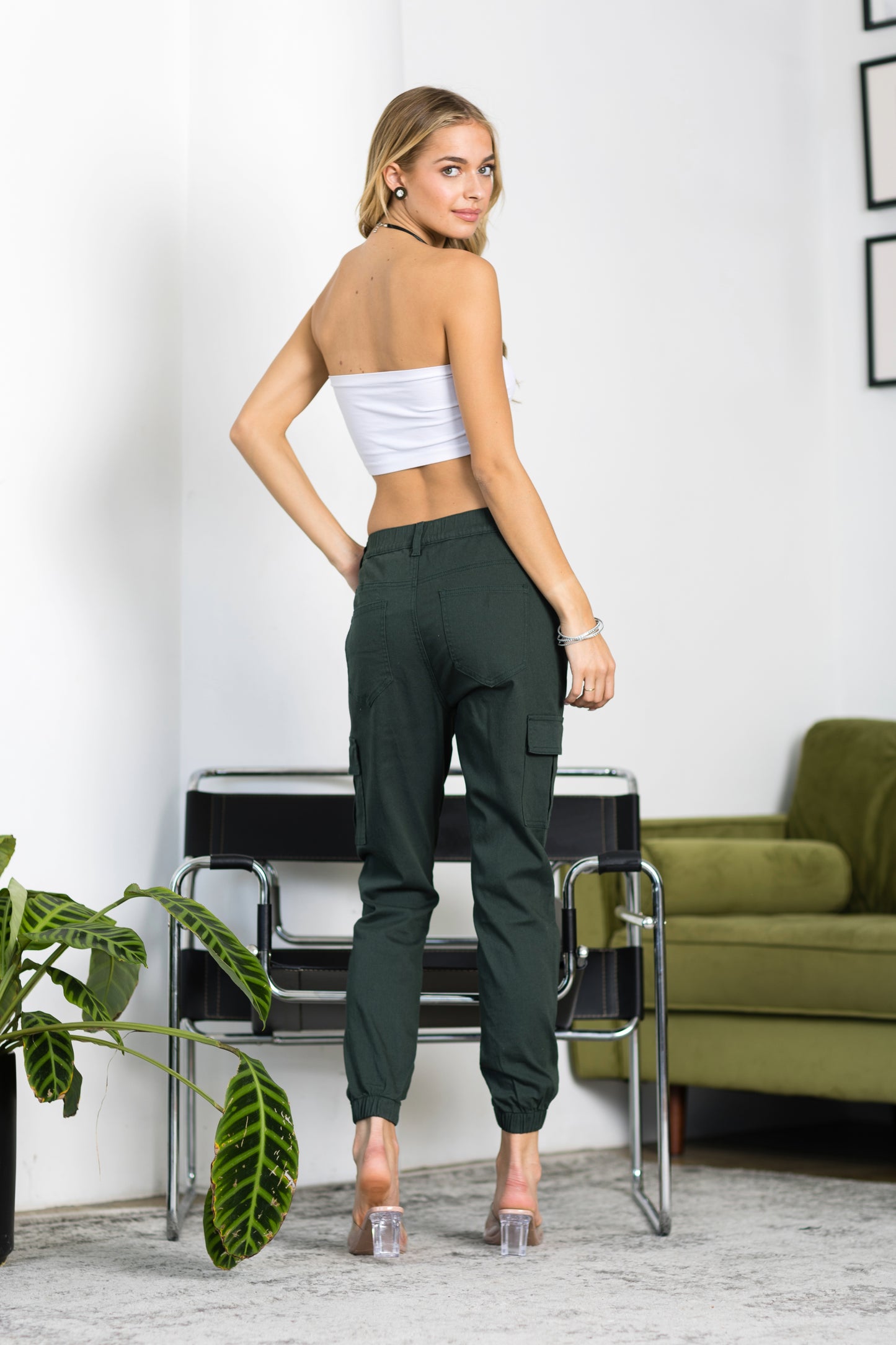 Women's Cargo Jogger Pants Elastic High Waist ARMY GREEN