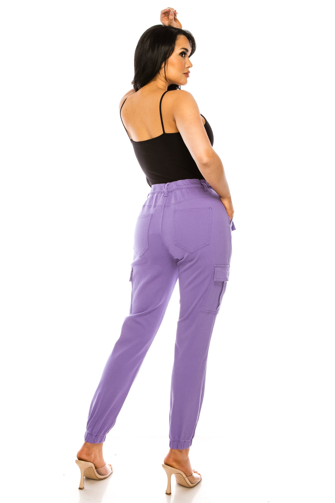 Women's Cargo Jogger Pants Elastic High Waist Lavender