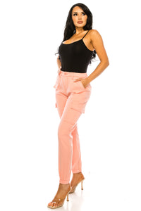 Women's Cargo Jogger Pants Elastic High Waist Peach
