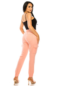 Women's Cargo Jogger Pants Elastic High Waist Peach